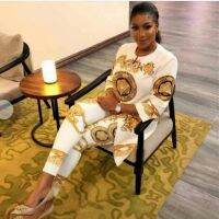 XL-4XL 2 Piece Sets New African Print Elastic Bazin Baggy Pants Rock Style Dashiki Sleeve Famous Suit For Lady 2pcsse