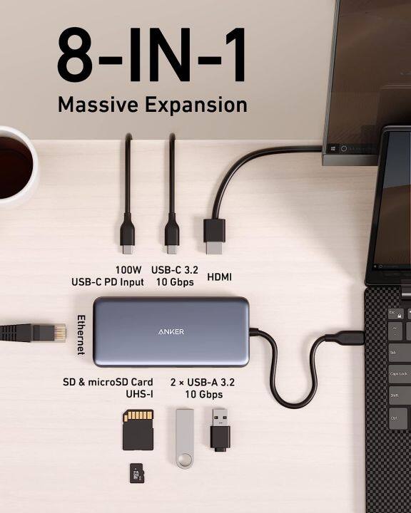 anker-usb-c-ฮับ8-in-1พร้อมระบบจ่ายไฟ100w-พอร์ต-hdmi-4k-60hz-usb-c-10อะแดปเตอร์-gbps-usb-และ2-usb-พอร์ตข้อมูลพอร์ตอิเทอร์เน็ตไมโคร-sd-และการ์ดรีดเดอร์-sd