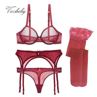 [Cos imitation] Varsbaby Sexy Ultra-Thin Transparent Yarn Lingerie Set Bras Garters Thongs Stockings 4 Pcs For Young Women