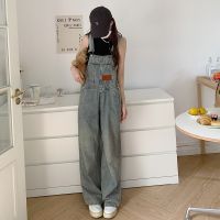 Spring Retro Distressed Loose Denim Suspender Pants Women 39;s Wide-Leg Daddy Trousers Casual Jeans Overalls Vintage