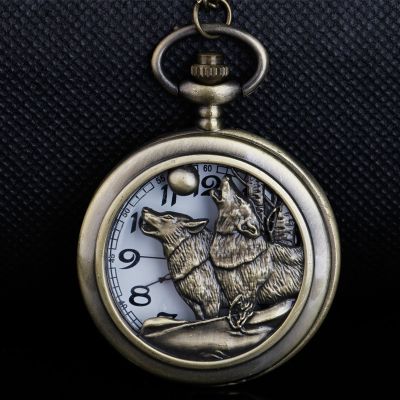 ของขวัญที่ดีที่สุดจี้นาฬิการูปหมาป่าสำหรับเพื่อนและครอบครัวนาฬิกาพกควอตซ์แกะสลักอย่างงดงาม