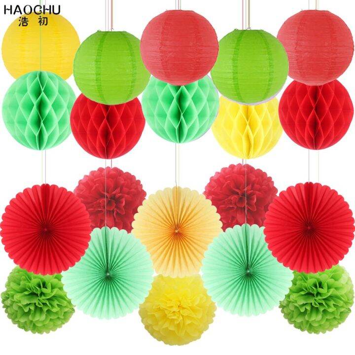15 Pièces Décorations Fête En Papier – Lanternes, Fleurs, éventails Vert Sauge Et Rose Poudré Pour Mariage, Baby Shower - 14