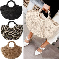 Fashion Women Handbag Rattan Wicker Straw Woven Half-round Bag Large Capacity Casual Travel Handbags