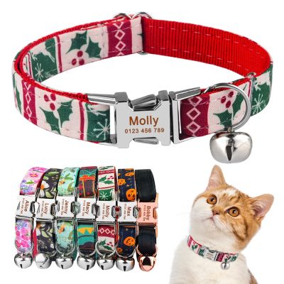 [HOT!] Engraved Cat Collar KItten Small Medium Large Cat Collar Print Flower Nylon Collar Custom Cat Supplies Unisex Pet Tag