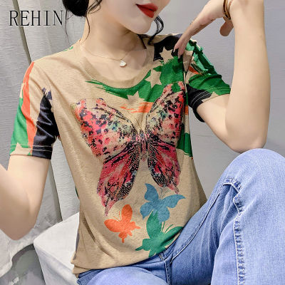 REHIN เสื้อแฟชั่นพิมพ์ลายสำหรับผู้หญิง,เสื้อยืดคอกลมแขนสั้นเสื้อสตรีอินเทรนด์