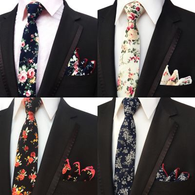 Blue Floral Ties for Men Handkerchiefs Red Cotton Necktie Pocket Square Set Flower Business Tie White 8cm Wedding Neckties A144