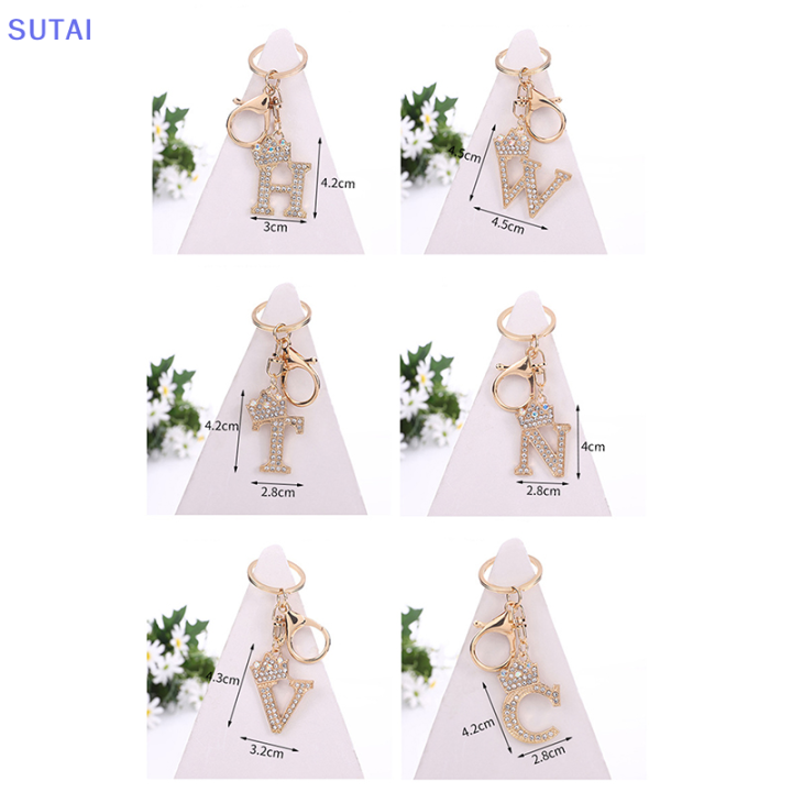 lowest-price-sutai-พวงกุญแจรูปมงกุฎคริสตัลพลอยเทียมตัวอักษร26ตัวพวงกุญแจสีทองสวยกระเป๋าเครื่องประดับพวงกุญแจรถ