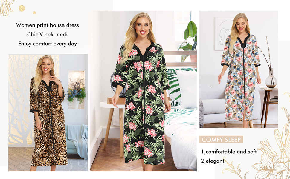 Bloggerlove House Dresses for Womens Robe Long Zip Up House Coat Half Sleeve Night Gowns Comfy Sleepwear Print Loungewear 
