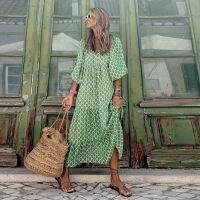 Elegant Womens Loose Relaxed Maxi Dresses 2023 Summer Geometric Print Patchwork Long Sleeve Female Beach Long Dress S-XXL