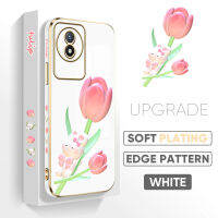 เคส PMP สำหรับ Vivo Y02A Y02T ฟรีสายคล้องสวยดอกไม้ดอกทิวลิปการ์ตูนกระต่ายน่ารักลวดลายขอบสี่เหลี่ยมเคสโทรศัพท์ชุบหรูหราชุบเคสโทรศัพท์นิ่ม