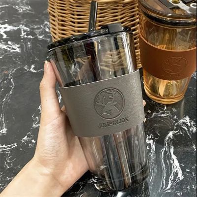 hotx【DT】 350ml 450ml Glass Cup With Lid Leather Cover Heat-resistant Mug Transparent
