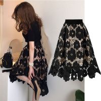 Womens Skirt Fashion A-line Elegant Lady Skirt Floral High Waist Midi Length Lace Skirt with Lining For Summer Elastic Rubber Waist