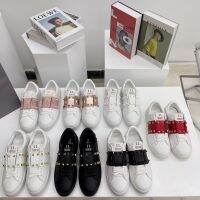 HOT ”【คุณภาพสูง】 Original Valentino-Leather White Shoes Women S Low-Top Casual Sneakers Super Hot The Same Style Flat Shoes Couples All-Match Comfortable Sneakers Large Size Summer New Style Women S Shoes Slippers For Women รองเท้าแตะสวมด