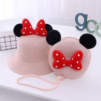 Mickey Straw Hat for kids Summer Girls Beach Hat Childrens Sun Hat Girls Summer New Straw Hat Bag Set Sunscreen Sun Hat Summer