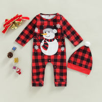 Christmas Toddler Baby Plaid Rompers Snowman Print Casual Long Sleeve Jumpsuit And Hat Set For Newborn Girl Boy