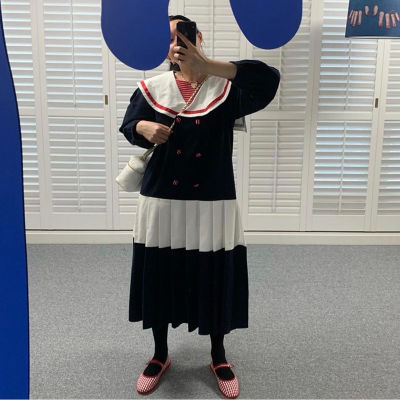 [EWQ] Contrast Spliced Pleated Women 2022 New Loose Sailor Collar Double Breasted Puff Sleeve Dresses Mid-calf Dresses 16R759