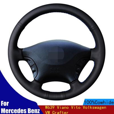 Car Steering Wheel Cover Black Genuine Leather Hand-stitched For Mercedes Benz W639 Viano Vito Volkswagen VW Crafter