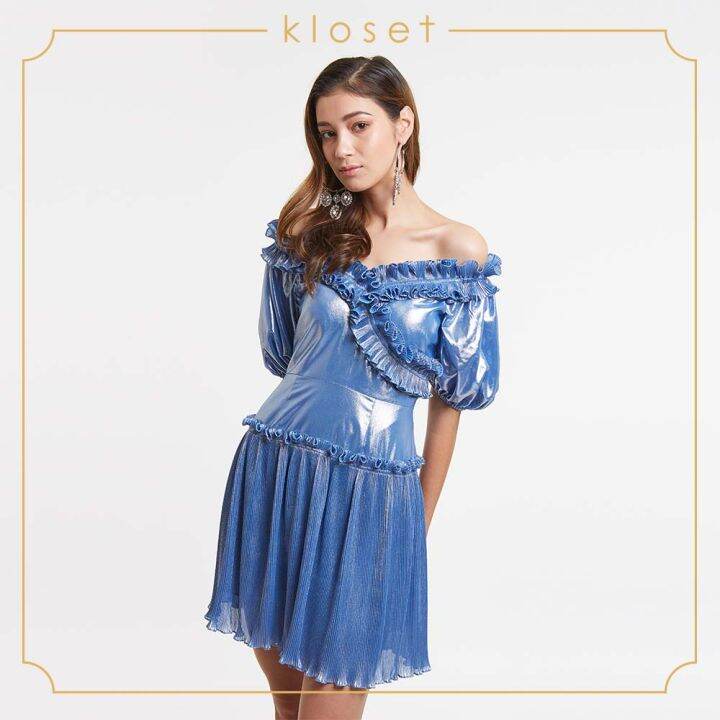 kloset-off-shoulder-dress-with-ruffle-aw19-d003-เสื้อผ้าผู้หญิง-เสื้อผ้าแฟชั่น-เดรสแฟชั่น-เดรสปาดไหล่