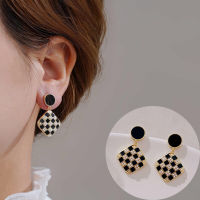 Black and White Plaid Rectangular Earrings Niche Design Geometric Checkered Pendant for Women Korean Fashion Pearl Exquisite Simple Trend Jewelry Earrings