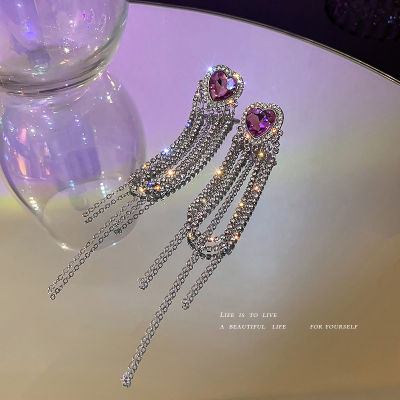 925 เงินเข็มเพชรรักต่างหูพู่ยาวต่างหูยุโรปและอเมริกาที่เกินจริง925 Silver Needle Diamond Love Tassel Earrings European and American Exaggerated Long Earrings
