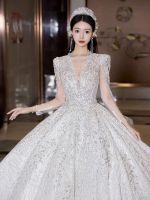 French main wedding dress 2023 new bride V-neck high-quality texture long-sleeved super-heavy luxury trailing style