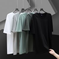 Ecological cotton black science and technology of liquid ammonia ice silk cotton silk slip short sleeve T-shirt mens summer ice silk cool air permeability of pure color T-shirt --ntx230801☄๑