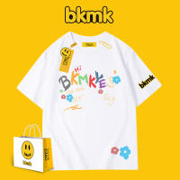 BKMK เสื้อยืดคอกลมทรงหลวมพิมพ์ลายตัวอักษรสไตล์ญี่ปุ่น,สำหรับทั้งหญิงและชายแขนสั้นพิมพ์ลายผ้าฝ้ายทรงหลวมไซส์ใหญ่แขนสั้นแบรนด์แฟชั่น