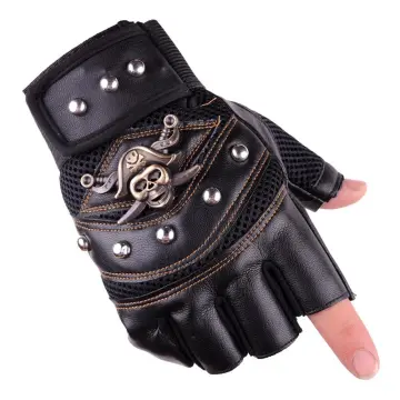 Punk Gothic Leather Pair Fingerless Biker Gloves With Skull