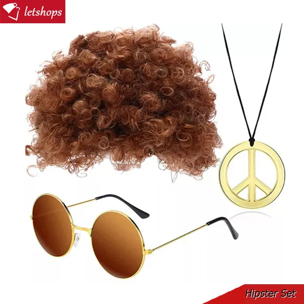 Men's Hippie Costume Set - Afro Wig, Peace Necklace, Sunglasses & Moustache For 60s/70s Parties & Halloween