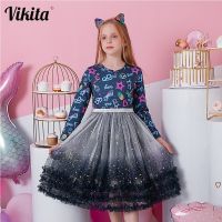 【jeansame dress】 VIKITA ชุดปาร์ตี้สำหรับเด็กผู้หญิงเด็กวัยหัดเดิน Sequins Shiny Gradient Princess Tutu Dress Girls Elegant Birthday Party Prom Growns