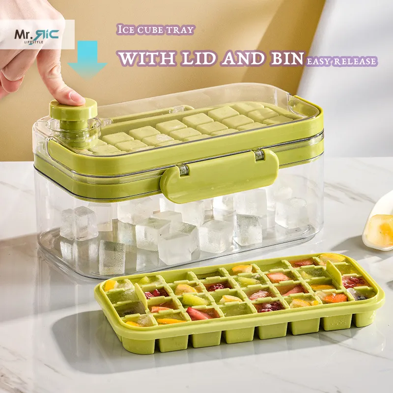 Ice Lattice Ice Cube Tray With Handle and Lid And Bin, 64 Pcs Ice