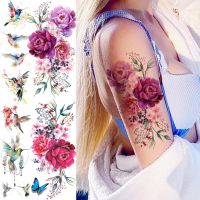 【YF】 3D Watercolor Rose Peony Flower Temporary Tattoos For Women Adult Hummingbird Realistic Fake Tattoo Sexy Half Sleeve Tatoo Decal