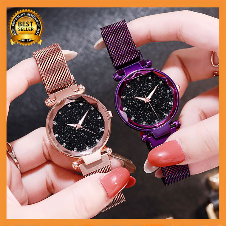 เพชรแฟชั่นสตรีนาฬิกาแม่เหล็กหัวเข็มขัด-นาฬิกาเหล็กกล้านาฬิกาข้อมือสีทองกุหลาบสำหรับผู้หญิงกันน้ำน