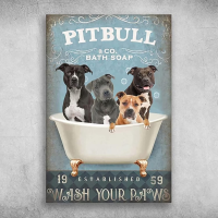 Pitbull Dog ป้ายโลหะดีบุก-สบู่อาบน้ำล้างอุ้งเท้าของคุณ-โปสเตอร์พิมพ์ตลก-Perfect Cafe,ห้องครัว,และ Home Art Wall Decor Plaque Gift