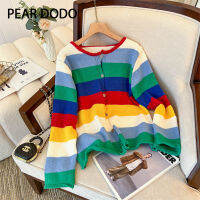 PEAR DODO เสื้อคาร์ดิแกนถักลายทางสีรุ้งแนววินเทจสไตล์นักศึกษารอบคอหลวม