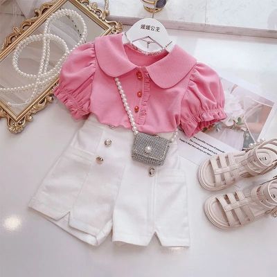 【Ready】🌈 Girls suits 2023 summer new puff sleeve polo shirt tops big boys and girls shorts two-piece suit trendy
