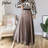 Jielur 2021 New 3 Layers Tutu Skirt Women Princess Tulle Skirts Vintage Patchwork Color Mesh Pleated Skirt Slim Spring Autumn