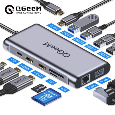QGeeM Dual HDMI VGA USB Type C ศูนย์กลางสำหรับ Macbook Pro USB C Hub ไปยัง4K Micro การ์ด SD ผู้อ่าน RJ45 PD อะแดปเตอร์ฮับ USB Triple Display Feona