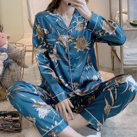 2021 Autumn Silk Satin Pajama Set Woman Printed Long Sleeve Sleepwear Suit Female Sleep Two Piece Loungewear Plus Size Nightwear