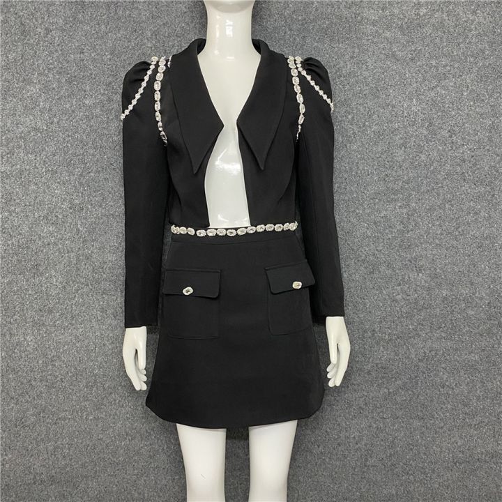 2023-autumn-and-winter-new-long-sleeved-slim-short-top-mini-a-line-skirt-hot-girl-suit-flashing-diamond-chain-short-suit-set