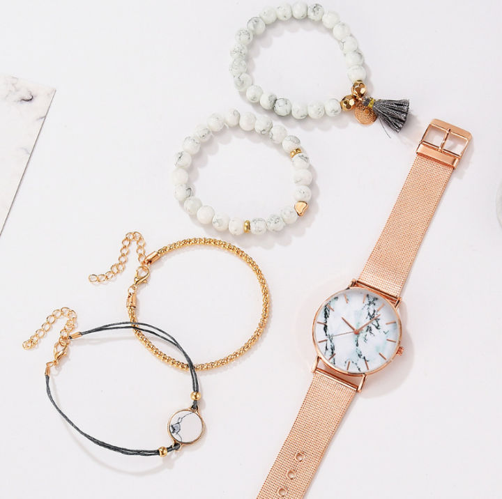 นาฬิกาข้อมือควอตซ์สายรัดเหล็กสดใสขนาดเล็กศิลปะแฟชั่นนาฬิกาผู้หญิงพร้อมสร้อยข้อมือของขวัญ5ชิ้น-เซ็ตสำหรับสุภาพสตรี