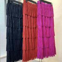 【HOT】∏✤ 2023 New A-line High-waist Skirt Design Fringe Skirts Female Korean Fashion Tiered Color