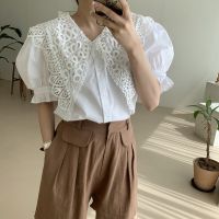 ❃♝▼ Alien Kitty Elegant Vintage Lace Lapel White Blouses Women 2021 New Summer Korean Style Puff Sleeve Tops Shirt Femme Blusas