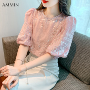 Ammin 2023 mùa hè mới ngắn tay kim sa thời trang mỏng rộng áo thời trang