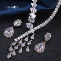 แฟชั่นใหม่ Emmaya การออกแบบที่ชาญฉลาดซ้อนทับกันสร้อยคอเพทายลูกบาศก์และต่างหูที่ละเอียดอ่อนเครื่องประดับ Fmelae ในงานเลี้ยง