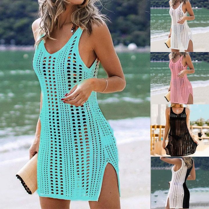 Sexy Hollow Out Beach Dress Women V Neck Sleeveless Crochet Swimsuit Cover  Up Vestidos Female Bathing Suit | Lazada