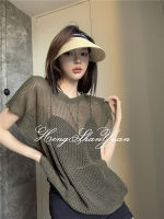 HengShanYuan เสื้อยืดคอกลมแขนสั้น2023สำหรับผู้หญิงเสื้อซับในสีทึบหลวมเสื้อเว้าใหญ่แบบเรียบง่าย