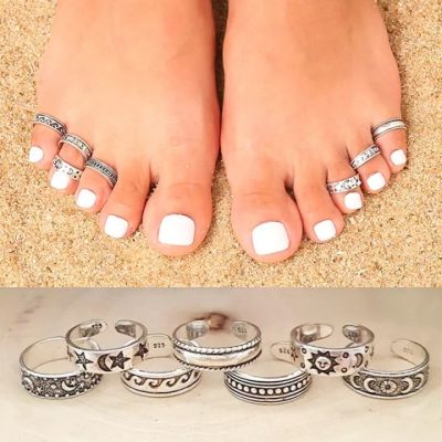 [7ชิ้น] ปรับเปิดแหวนนิ้วเท้ากลวงชุดย้อนยุคโบฮีเมียนแกะสลักดาวดวงจันทร์แหวนนิ้วสำหรับผู้หญิงชายหาดแหวนเท้า