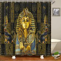 Luxury Retro Egyptian Pharaoh 3d Sculpture Gold Polyester Shower Curtain Set for Bathroom Waterproof Fabric with 12 Hooks Decor