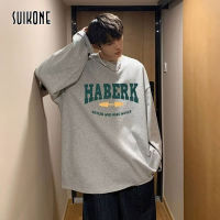 Suikone เสื้อยืดคอกลมแขนยาวสำหรับผู้ชายเสื้อพิมพ์ลายโมโนแกรมสำหรับฤดูใบไม้ผลิและหลวมสบายในฤดูใบไม้ร่วง